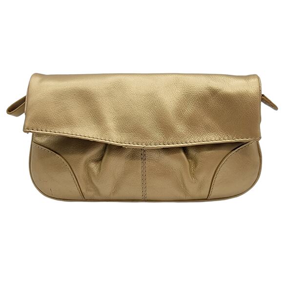 iLi New York Gold Leather Leopard Print Interior Foldover Clutch Handbag - Picture 1 of 6